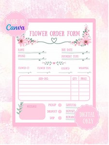 Flower Order Form for Florist Business Owners Printable Organization Sheet Template Customer Tracker Gift for Bouquet Customization Canva - Etsy