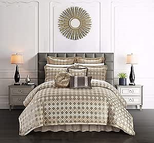 Chic Home Sue 9 Piece Comforter Set Chenille Geometric Scroll Pattern Flange Border Bedding - Bed Skirt Decorative Pillows Shams Included, Queen, Beige