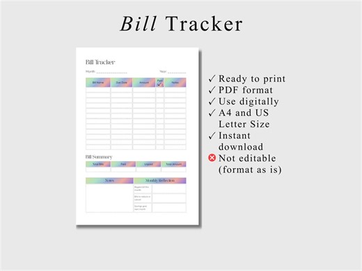 Bill Payment Tracker Bill Payment Checklist Monthly Bill Tracker Monthly Expense Tracker Bill Due Planner Bill Payment Log Printable PDF - Etsy