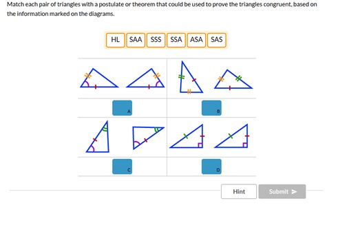 Match each pair of triangles with a postulate or theorem that c... | Filo