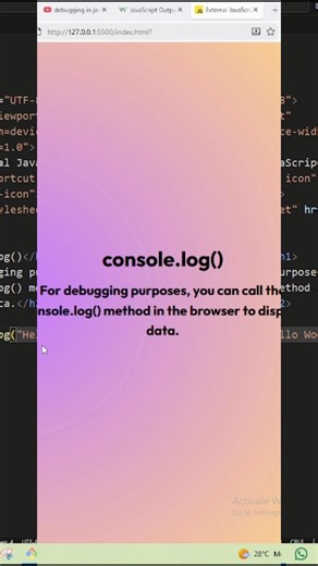 Yeachen Abir on Instagram: "console.log() in javascript what is console in javascript How To Debug In VSCode Debugging JavaScript Debug JavaScript JS Debug JavaScript Debug console.log JavaScript log javascript console log js basic js video javascript video short video javascript short learn js learning javascript Javascript console.log() Debugging JavaScript with console log javascript Debug in vs code vs codes vscode editor"