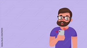 Bearded hipster cartoon character social media browsing using his phone. Smiling happy man using smartphone device. 4K Cartoon design animation, footage with a space for a text
