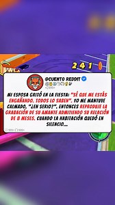 Mi esposa gritó en la fiesta Sé que me estás engañando. Todos lo saben. Yo me mantuve calmado. ¿En serio. Entonces reproduje la grabación de su amante admitiendo su relación de 8 meses. Cuando la... | Cuento reddit