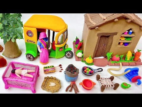 DIY How to make polymer clay miniature house, Rikshaw, Kitchen set, Hand Pump Tree, Charpai |Village