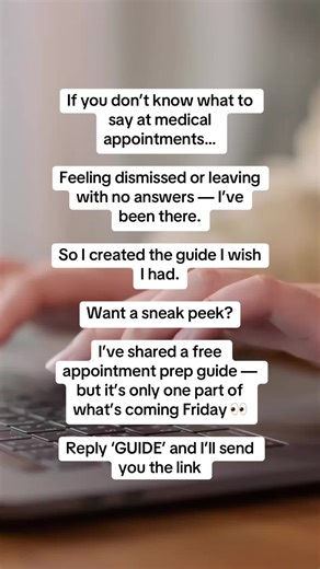 Struggling to advocate for yourself at medical appointments? If you live with chronic illness, feeling dismissed, forgetting what to say, or leaving without answers is more common than people realise. I’ve created a chronic illness advocacy guide to help you communicate clearly, ask the right questions, and feel more confident in appointments. Start with my free appointment prep guide, then keep an eye out — the full guide drops Friday 👀 Comment “GUIDE” and I’ll send you the link