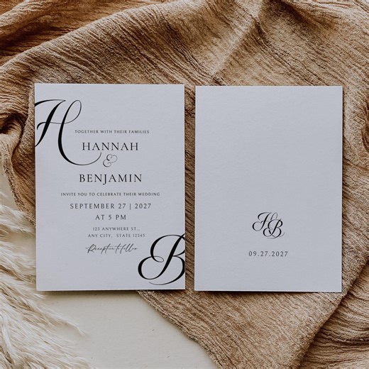 Monogram Wedding Invitation Template Editable Invite Black and White Wedding Suite Minimalist Elegant Canva Template - Etsy