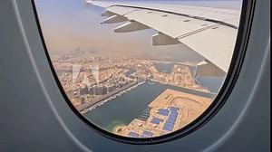 Superjumbo Jet Airplane taking off from Dubai International Airport