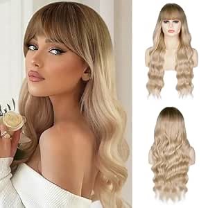 Long Blonde Wig with Bangs for Women Curly Ombre Dirty Blonde Wig Long Curly Wavy Synthetic Hair Wigs for Daily Party Use (26 Inch,Dirty Blonde)