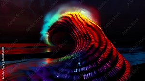 Abstract digital wave formation illuminated by vibrant neon lights, creating a dynamic and futuristic scene. The wave's undulating shapes and glowing colors produce a mesmerizing visual effect.