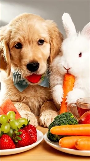Cute Little Puppy🐶 dog Labrador and Bunny 🐰 eating fruits🍉 #2025 #asmrsounds #cuteanimal #aivideo