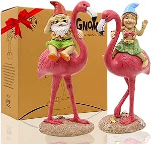Goodeco 2Pack Gnome Riding Flamingo Statues - 11 "Adorable Hawaii Pink Flamingo Gifts, Birthday & Mom Gifts, Perfect Home and Garden Decor, Beach Party Decorations (M&L)