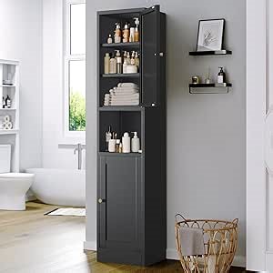 Narrow Metal Cabinet with Open Countertop,Tall Pantry Storage Organizer with 3 Adjustable Shelves and 2 Doors, Slim Bathroom Storage Cabinet for Small Spaces,kitchen,Home Office, Dining Room,Black