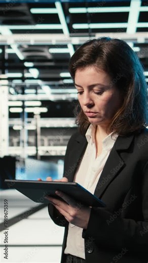 Vertical video Data center admin using AI LLM model and AR control panel to configure rigs. Server farm IT expert using artificial intelligence chatbot and holographic overlay to upgrade hardware