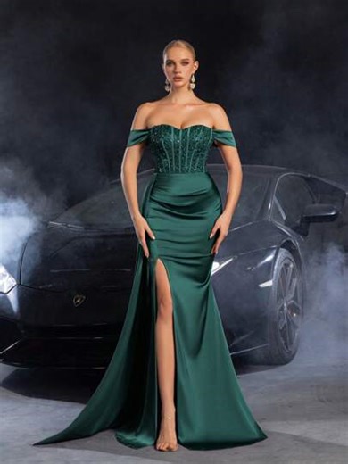 Faeriesty Elegant Off-Shoulder Evening Gown, High Slit Design, Side Drape Flowing - Luxurious Satin Formal Dress, Suitable For Red Carpet Events, Formal Galas, Awards Ceremonies, Black Tie Weddings, High-End Fashion Shows, Parties, And Wedding Guests | SHEIN