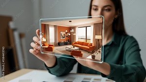 Woman using a transparent tablet to view a 3D render of a living room