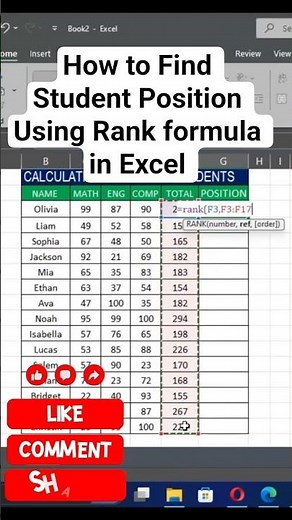 Excel for Beginners. How to Use the RANK formula on a Marksheet. #vlookup #formulas #excel #shorts