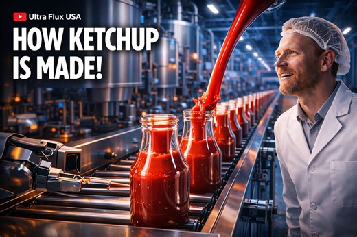 Inside a Ketchup Factory: The Full Automated Process Inside a Modern Tomato Ketchup Factory: Watch the full step-by-step journey from field-fresh tomatoes to the iconic red sauce in your bottle. Witness the massive industrial scale of cleaning, pulping, and cooking that produces millions of units of the world's favorite condiment. In this Ultra Flux USA exclusive, we explore the incredible food engineering behind ketchup manufacturing. You’ll see the high-tech optical sorters that reject imperfe