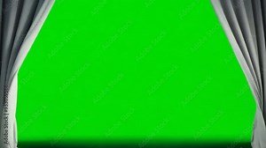Curtains Open to Green Screen: A dramatic reveal with a pair of elegant grey curtains parting to reveal a vibrant green screen background, ready for your imagination to take center stage. Perfect for Stock Video