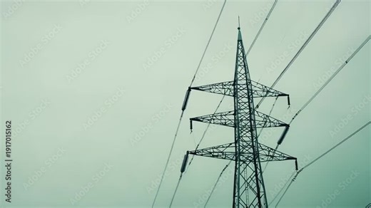Electricity pylon stands tall, acting as a crucial element in the energy network and transmitting high voltage power through multiple lines against a clear sky