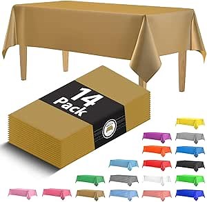 Premium Gold 14-Pack Plastic Tablecloths - 54 x 108 in. Disposable Rectangle Plastic Table Cloths - Decorative Rectangle Table Cover - Smooth Tablecloths for Parties, Weddings
