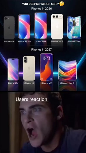 Future iPhones 2026–2027 😱🤯 Apple future iPhones lineup revealed 📱🚀 iPhone 17e, iPhone 18 Pro, Pro Max, Air, and Ultra 😳 Foldable iPhone and Ultra models are coming 🔥 Apple 2026 and 2027 roadmap looks crazy 🤯 Which future iPhone do you like most? 🤔 Comment below 👇 Like 👍 Share 🔁 Subscribe 🔔 If you enjoyed the video, show some love by liking, commenting, and sharing it with your fellow tech lovers! Got a question or suggestion? Drop it in the comments — we love hearing from you and ar