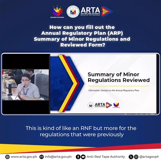 𝐖𝐀𝐓𝐂𝐇: How can you fill out the Annual Regulatory Plan (ARP) Summary of Minor Regulations and Reviewed Form? Watch the discussion on minor regulations during the ARP information session of the Anti-Red Tape Authority (ARTA) on 23 January to 01 February 2024. Government agencies shall classify their proposed regulations subject to validation by ARTA. An agency may classify its regulation as Minor Regulation if it does not have expected significant socio-economic impacts. They do not need to 