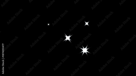 Sparkle star glitter effect animation in 4k loop, white doodle cartoon style blinking festive stars, magical Christmas sparkle overlay with transparent alpha channel black screen background