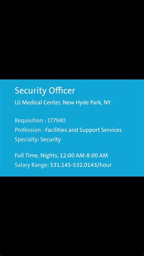 🚨 $31–$32/hr FULL-TIME NYC JOB 🚨 🛡️ Security Officer 🏥 LIJ Medical Center – New Hyde Park, NY ⏰ Night shift: 12AM–8AM ✔️ Full-time ✔️ Hospital position ✔️ NYS Security Guard license required ✔️ High hourly pay 🔗 Link to apply in first comment #NYCJobs #SecurityJobsNYC #FullTimeNYC #NightShiftJobs #HospitalJobs