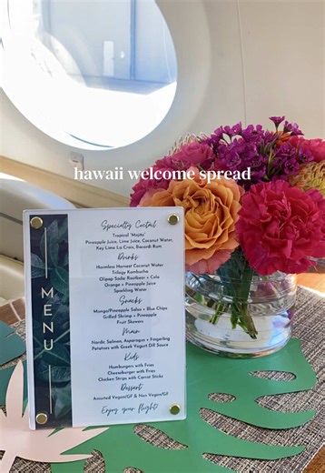 hawaii bound welcome spread 🌺 it’s all in the details. #corporateflightattendant #welcomeaboard #welcometable #flightattendantlife #privateaviation