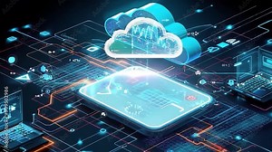Digital representation of cloud computing, featuring interconnected devices and a futuristic layout with vibrant graphics and data flows