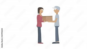 The delivery man delivers the parcel. Animation of receiving a parcel, alpha channel is enabled. Delivery cartoon