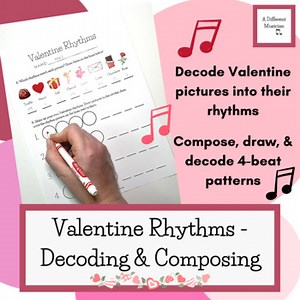 Valentine's Day Rhythms - Quarter and Eighth Note Worksheet for Elementary Music