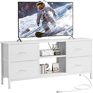 Lulive TV Stand Dresser for Bedroom with Power Outlet & Open Shelf, Media Console Table with 4 Fabric Drawers Storage Organizers