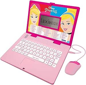 LEXIBOOK, Disney Princess, Educational and Bilingual Laptop French/English with 124 Activities: Mathematics, Dactylography, Logic, Clock Reading, Play Games and Music, Pink, JC598DPi1