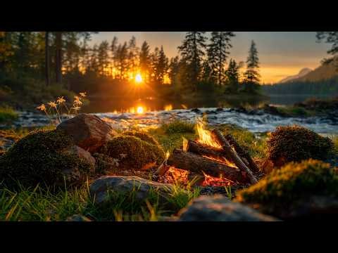 🔥 Summer Campfire Sounds by the River | Crackling Fire and Flowing Water Relaxation 🌿