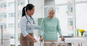 Rehabilitation, walker or doctor walking with old woman in retirement or hospital for wellness or support. Physio, nurse helping or elderly patient learning with frame in physical therapy recovery