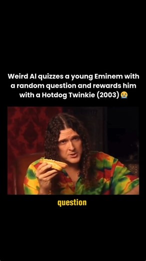 Celebrity Star on Instagram: "In 2003, Weird Al Yankovic interviewed a young Eminem, creating one of the most chaotic and hilarious moments in early 2000s pop culture. During the segment, Weird Al asked Eminem a completely random math question with no context or setup—and Eminem, surprisingly, answered it correctly. The reward? A hotdog Twinkie, an absurd prize that perfectly matched the unpredictable energy of the interview. What makes this clip so iconic is Eminem’s straight-faced seriousness 