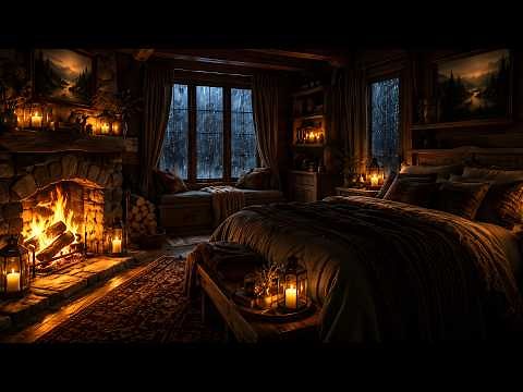 99% FALL ASLEEP IN MINUTES ( No Ads)🌙 Cozy Rain & Thunder Sounds, Warm Fireplace Bedroom | No Loop