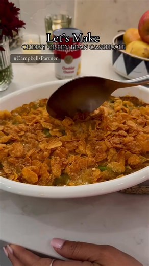 Today I'm sharing an extra cheesy green bean casserole recipe using Campbell's® Condensed Cheddar Cheese Soup and I added a southwest twist by topping it with crispy corn cereal. I hope you give this a try! Tell m~ #CampbellsPartner | Liz Heart