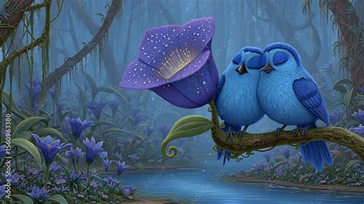 Enchanted Rainforest Birds with Magical Flower, and Night.