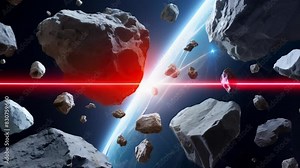 Asteroids approaching Earth with a red laser beam cutting through space, creating a dramatic and intense scene. The blue planet below and the dark void of space enhance the sense of impending danger.