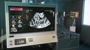Prenatal examination of the baby in the womb at the hospital. Prenatal examination of the pregnant woman to check the baby condition. Scanning the female belly for prenatal examination of the baby.