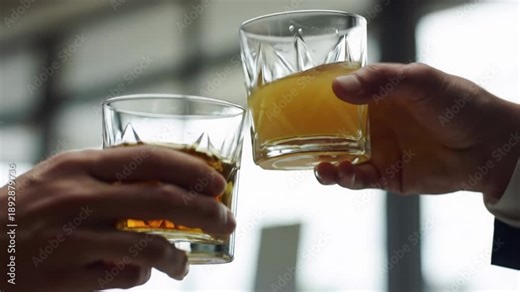 Close-up video, subtle push-in on professional hands in neutral business-casual attire, clinking elegant glasses with vibrant golden liquids in ultra slow-motion, creating a delicate splash against a