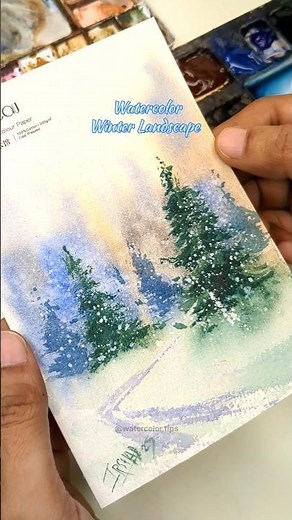 How to Paint Watercolour Winter Landscape | How to Pain Pine Trees Using a Toothbrush
