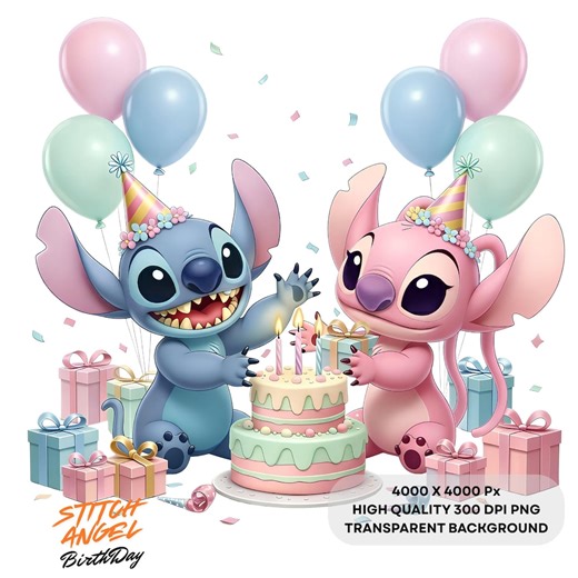 Stitch Angel Birthday Hat Balloons PNG Clipart Transparent Background Instant Download 300 DPI - Etsy UK