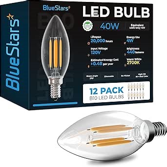 BlueStars 12-Pack Dimmable B10 E12 LED Bulbs 4W 2700K Warm White, 40W Equivalent, E12 Candelabra Base B10/B11 Bullet Shape 440 lumens for Holiday Home Decoration, Ceiling Fans, Chandeliers