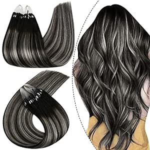 Ugeat Micro Loop Human Hair Extensions 14 Inch Balayage Off Black With Sliver Ring 50 Grams Per Pack Microlink 1.7637 Ounce