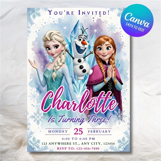 Editable Frozen 3rd Birthday Invitation: Watercolor Elsa Anna Snowflake Party Canva Template, Digital Download - Etsy
