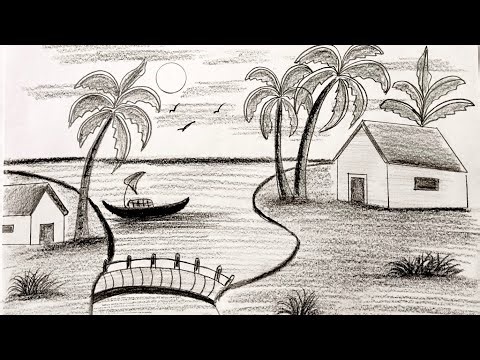 Easy Pencil Landscape Drawing | Village Scenery with House, Boat & Palm Trees