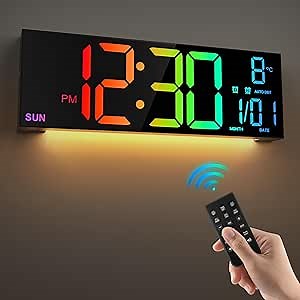 LEIKE 16.2'' Large Digital Wall Clock with Remote Control, Big LED/Dual Alarm/8 RGB Colors/Auto Brightness/Date/Auto DST/Temperature/Night Light Gym Clocks for Living Room Bedroom Office Wall Decor